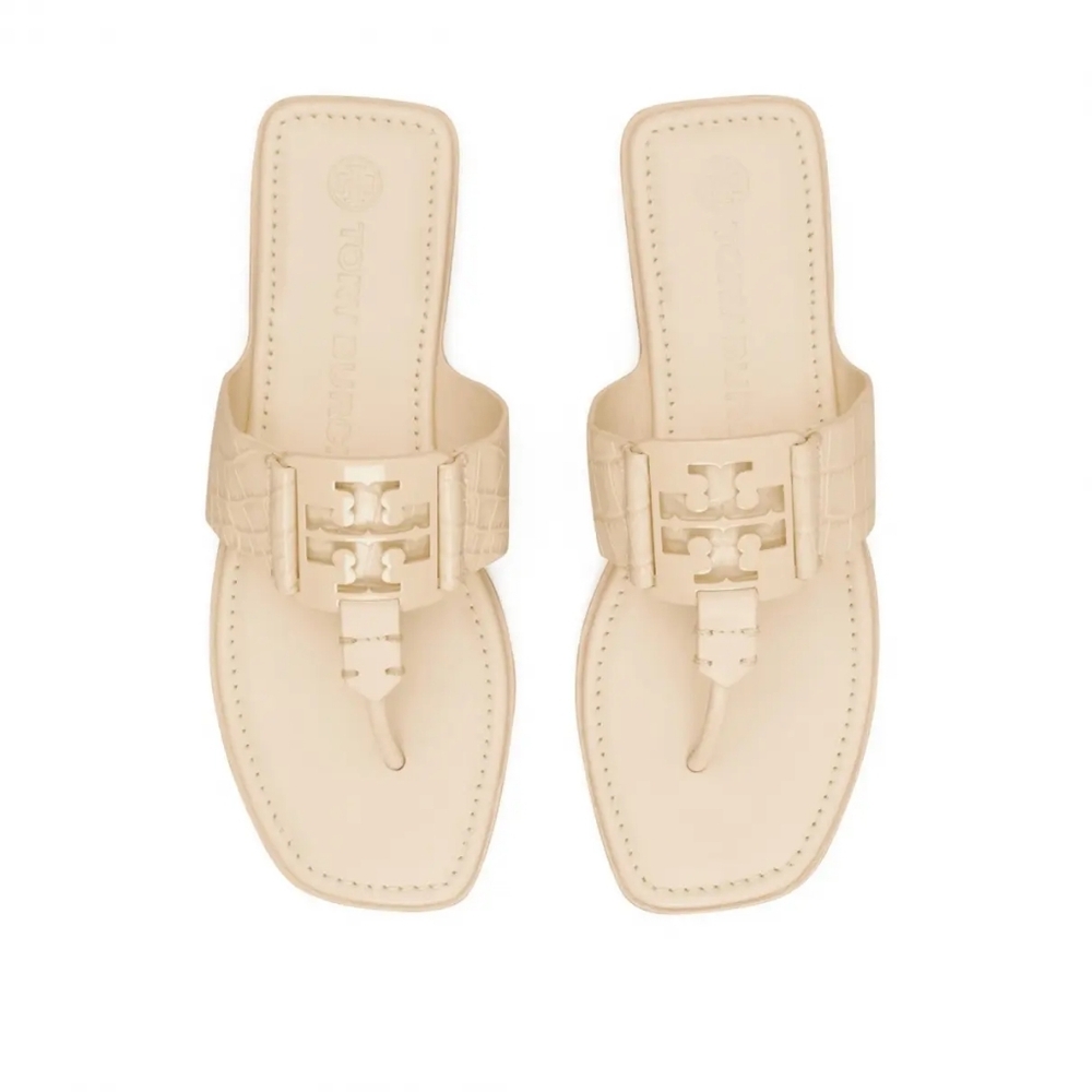 Tory Burch Metal Logo Croc Cream Sandals Size 8,5